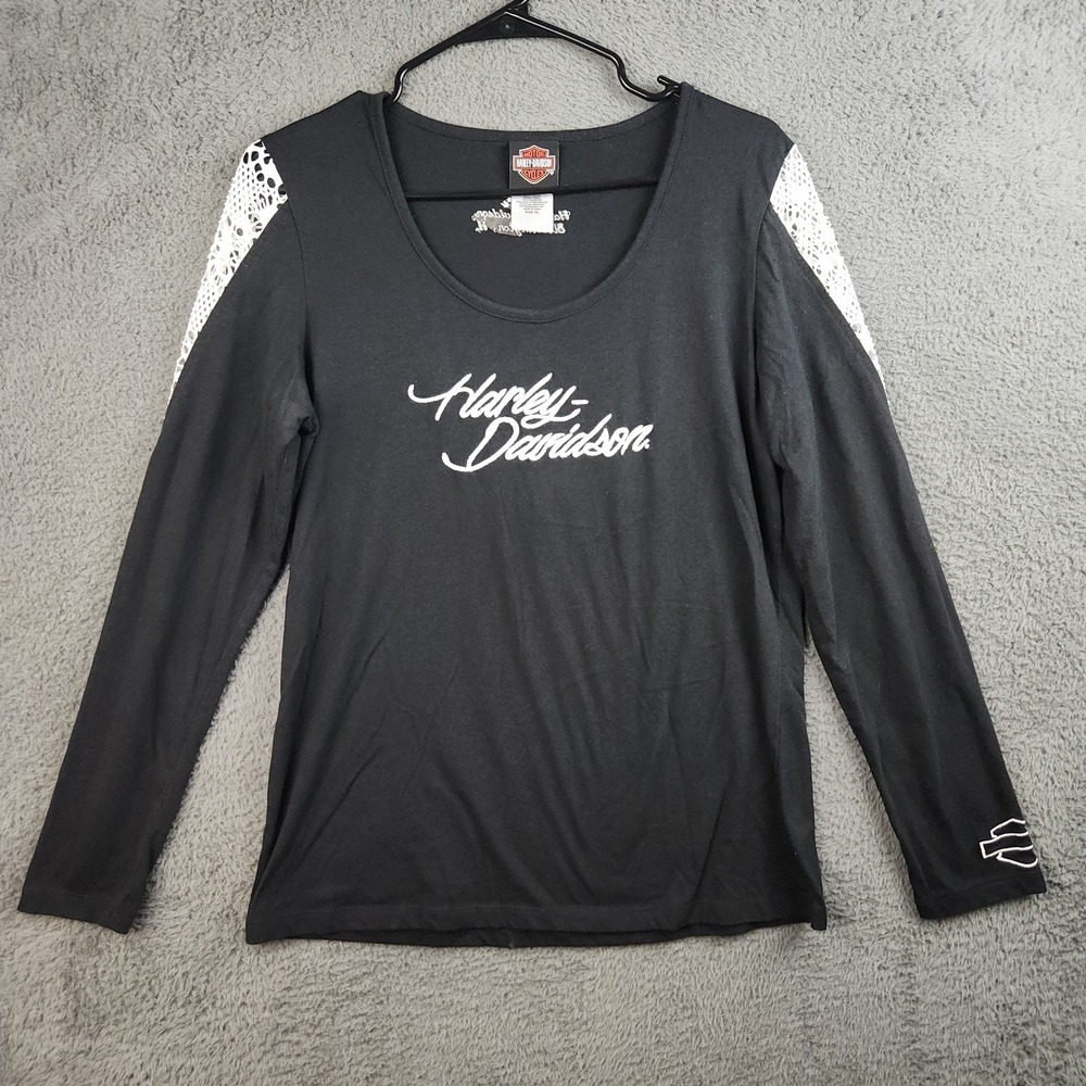 Harley-Davidson Shirt Womens XL Black Chucks Bloomington IL Crochet Shoulders